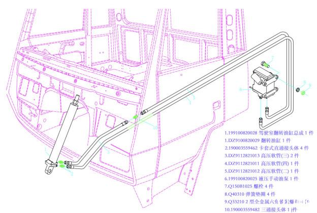 16100430101|翻转机构液压系统|199100820028|驾驶室翻转油缸总成|DZ9100820029|驾驶室翻转油缸总成|190003559462|卡套式直通接头体|DZ9112821013|高压油管(三)|DZ9112821011|高压油管(四)|DZ9112821012|高压油管(二)|DZ9112820027|液压手动油泵|199100820025|液压手动油泵|190003559482|卡套式三通管接头